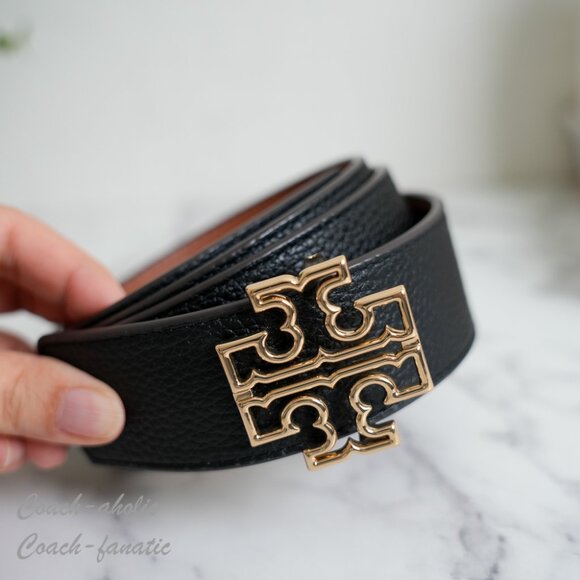 Tory Burch Britten Logo Reversible Black Tan Leather 1.5" Width Belt 141742 - Picture 3 of 5